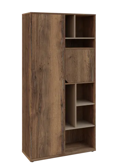 KSR6-83 L skříň šatní, 1x výsuvné ramínko, dvířka, niky, 2053x1022x400 mm, provedení levé, korpus a dvířka dub halifax cínový/police latte